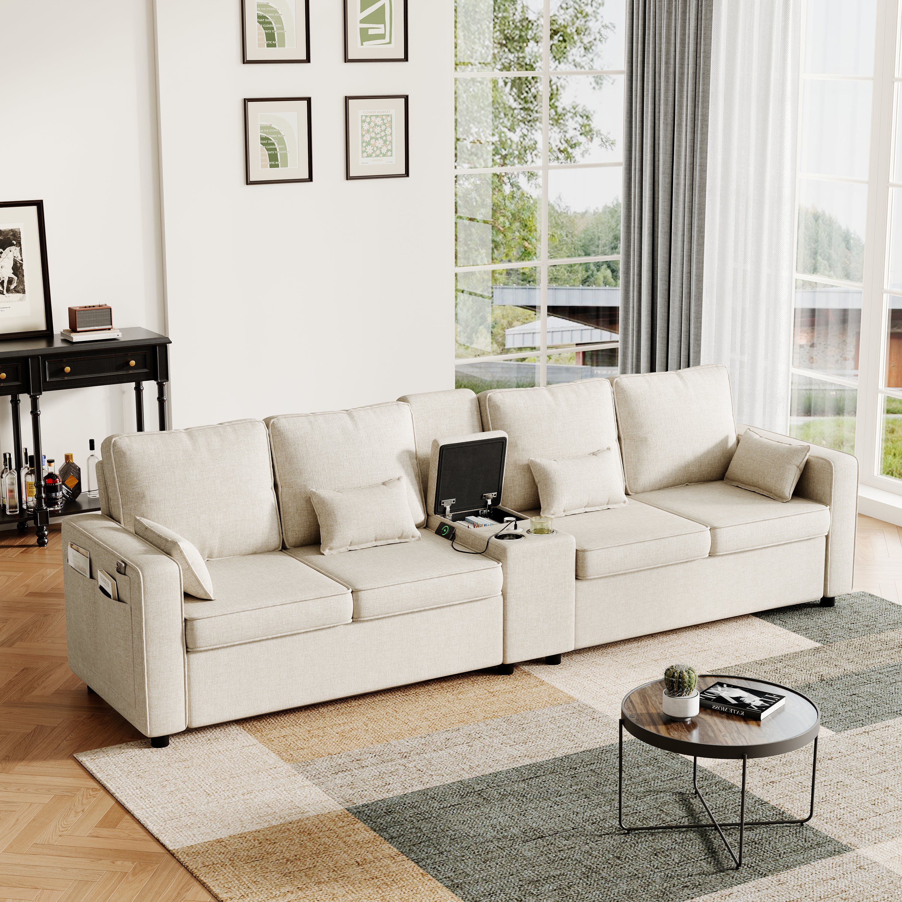 4-Seater Modern Sofa with Storage Console, Minimalist Style Couch with Side Pockets, Cup Holders and Charging Ports (USB & Type-C), for Living Room, Apartment, Office,Beige, Linen Fabric