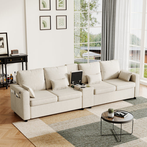 4-Seater Modern Sofa with Storage Console, Minimalist Style Couch with Side Pockets, Cup Holders and Charging Ports (USB & Type-C), for Living Room, Apartment, Office,Beige, Linen Fabric