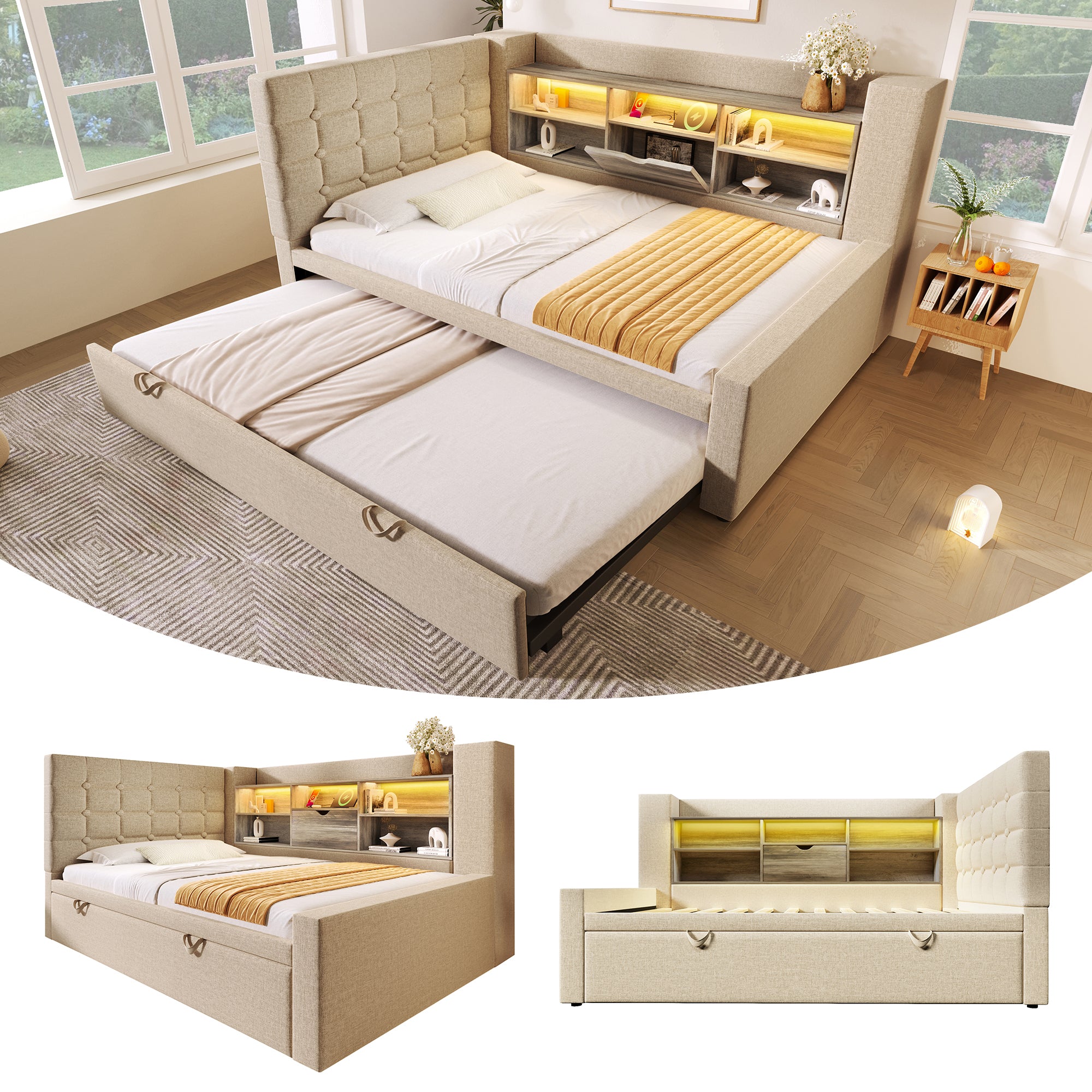  Daybed Upholstered Bed 90 x 190 cm, 3FT Single Sofa Bed with Storage, USB &Type C Charging Station, Pull out Trundle for Living Room and Bedroom, Linen, Beige (No Mattress)