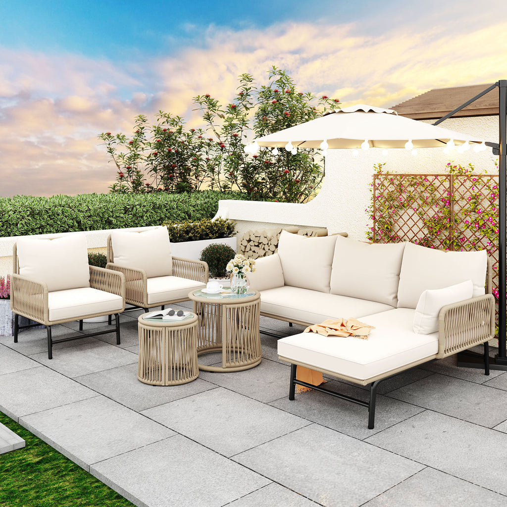 Garden lounge sofa set, outdoor furniture set, iron frame and beige rope weave, beige, two armchairs, two two-seater sofa and two round tables (all cushions included)