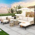 Garden lounge sofa set, outdoor furniture set, iron frame and beige rope weave, beige, two armchairs, two two-seater sofa and two round tables (all cushions included)