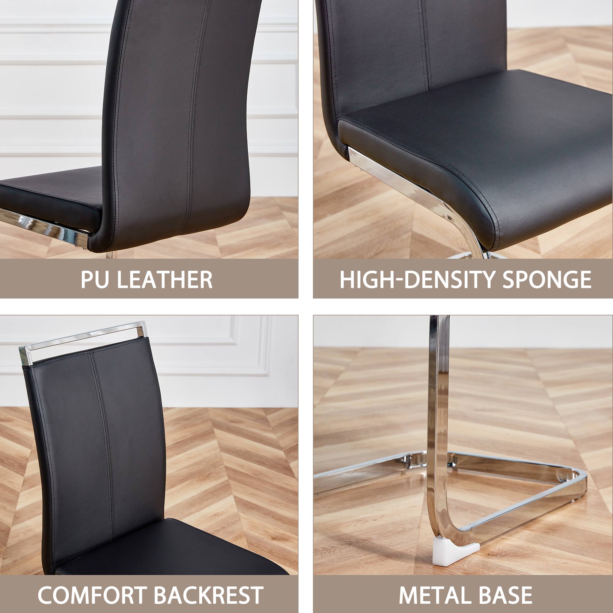 Cantilever chair, chrome-plated metal frame, can hold up to 120 kg, softly padded with imitation leather cover, black, (set, 4 pieces)