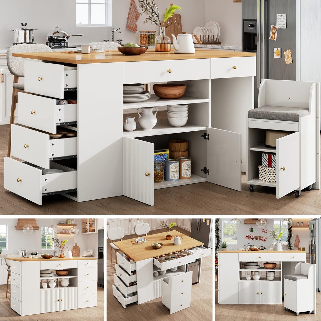 Adjustable Kitchen Island with Bar Stools - Sideboard & Cabinet with 6 Drawers, Width 140-70cm, White/Black