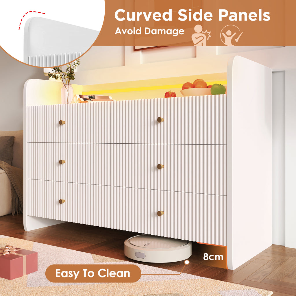 Fluted 6-Drawer Sideboard, Modern Storage Cabinet with RGB LED Lighting & Shelves,, Chest of Drawers for Living Room Bedroom Dining Room Office, 75x 120 x 40 cm, White
