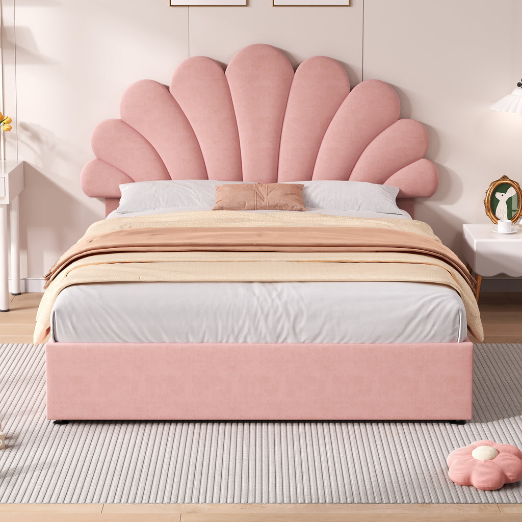 4ft6 Double Upholstered Hydraulic Bed with Adjustable Chic Petal Headboard, Soft Velvet Bed Frame with Hydraulic Storage, Petal Bed with Solid Wood Slat, No Box Spring Needed, Pink (No Mattress)