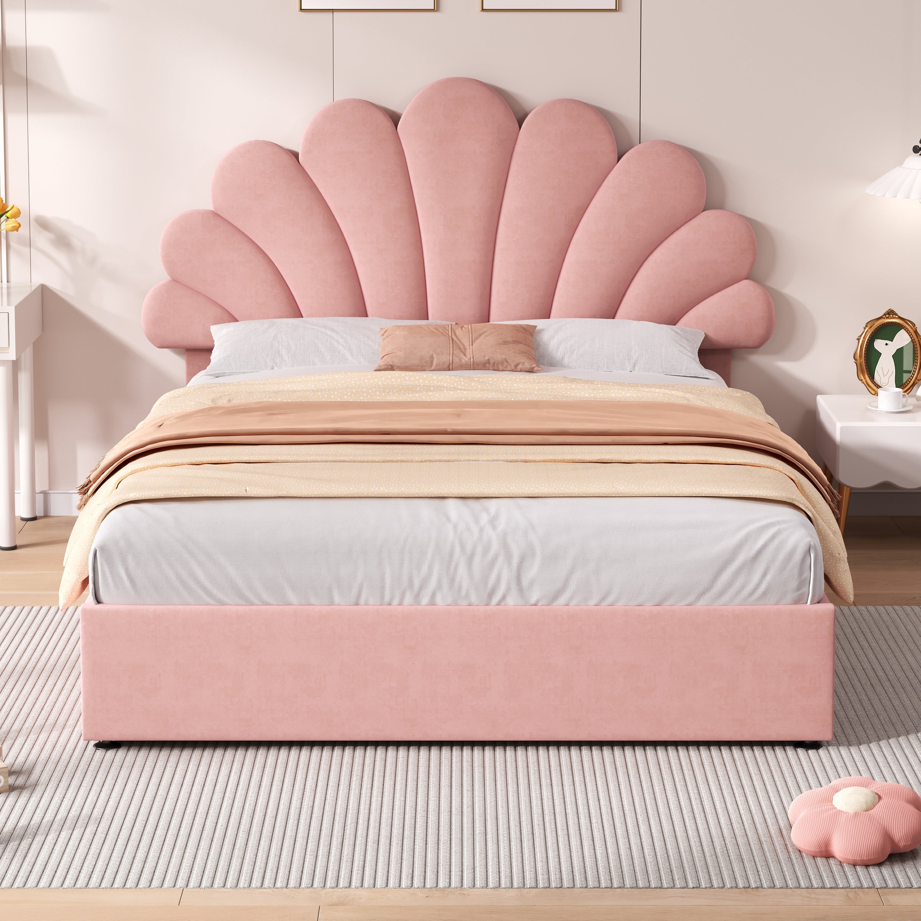4ft6 Double Upholstered Hydraulic Bed with Adjustable Chic Petal Headboard, Soft Velvet Bed Frame with Hydraulic Storage, Petal Bed with Solid Wood Slat, No Box Spring Needed, Pink (No Mattress)