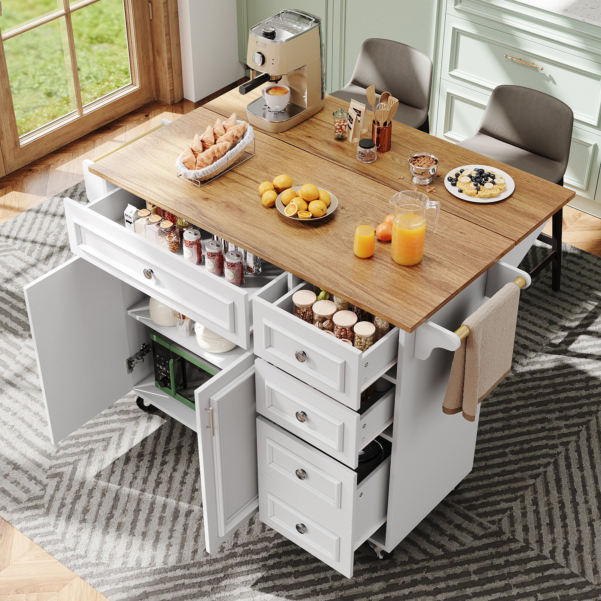 Kitchen island (110×45-75×92cm), removable serving trolley buffet cabinet, dining trolley with vintage pattern, buffet cabinet, multifunctional dining table with storage space, White