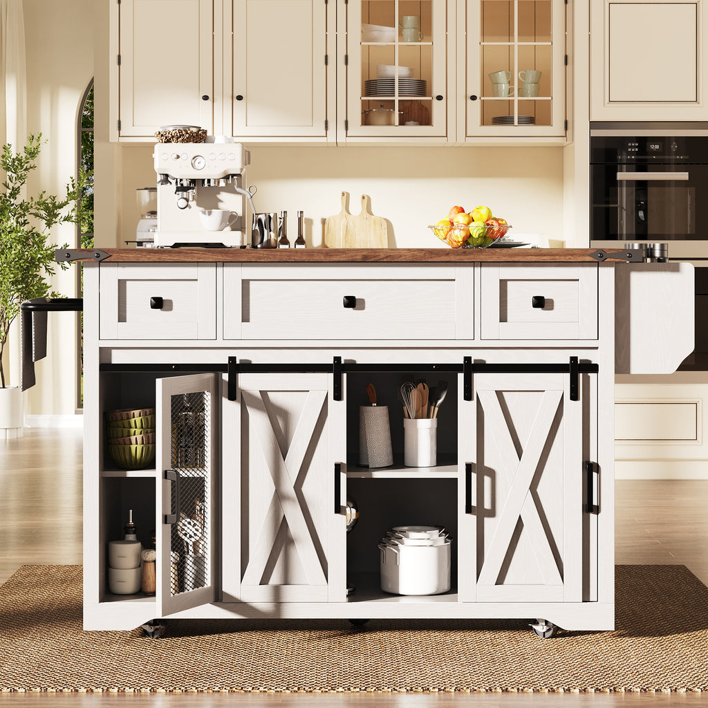 Kitchen island trolley with extendable worktop and power connection, 91cm working height, white/black, load capacity up to 75kg