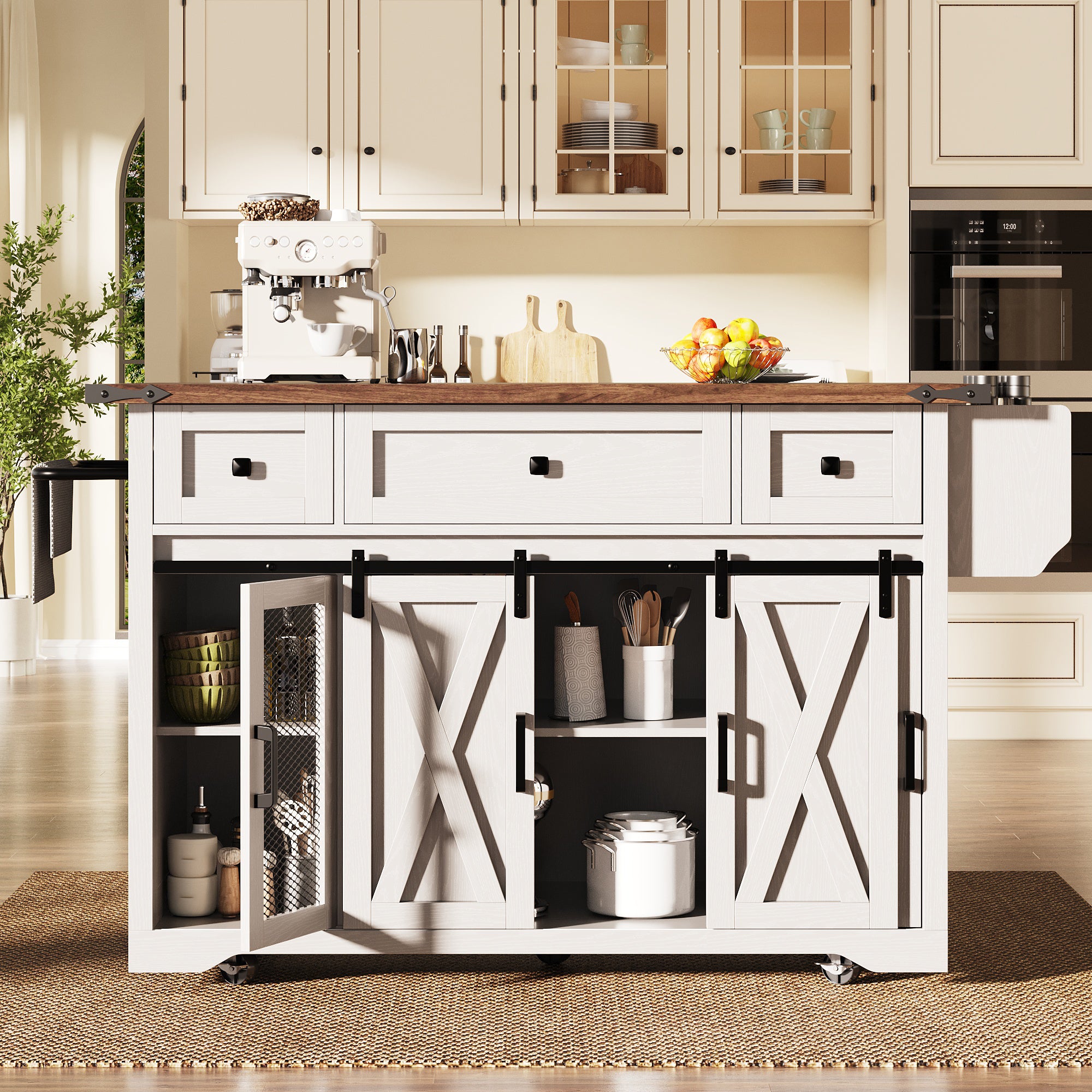 Kitchen island trolley with extendable worktop and power connection, 91cm working height, white/black, load capacity up to 75kg