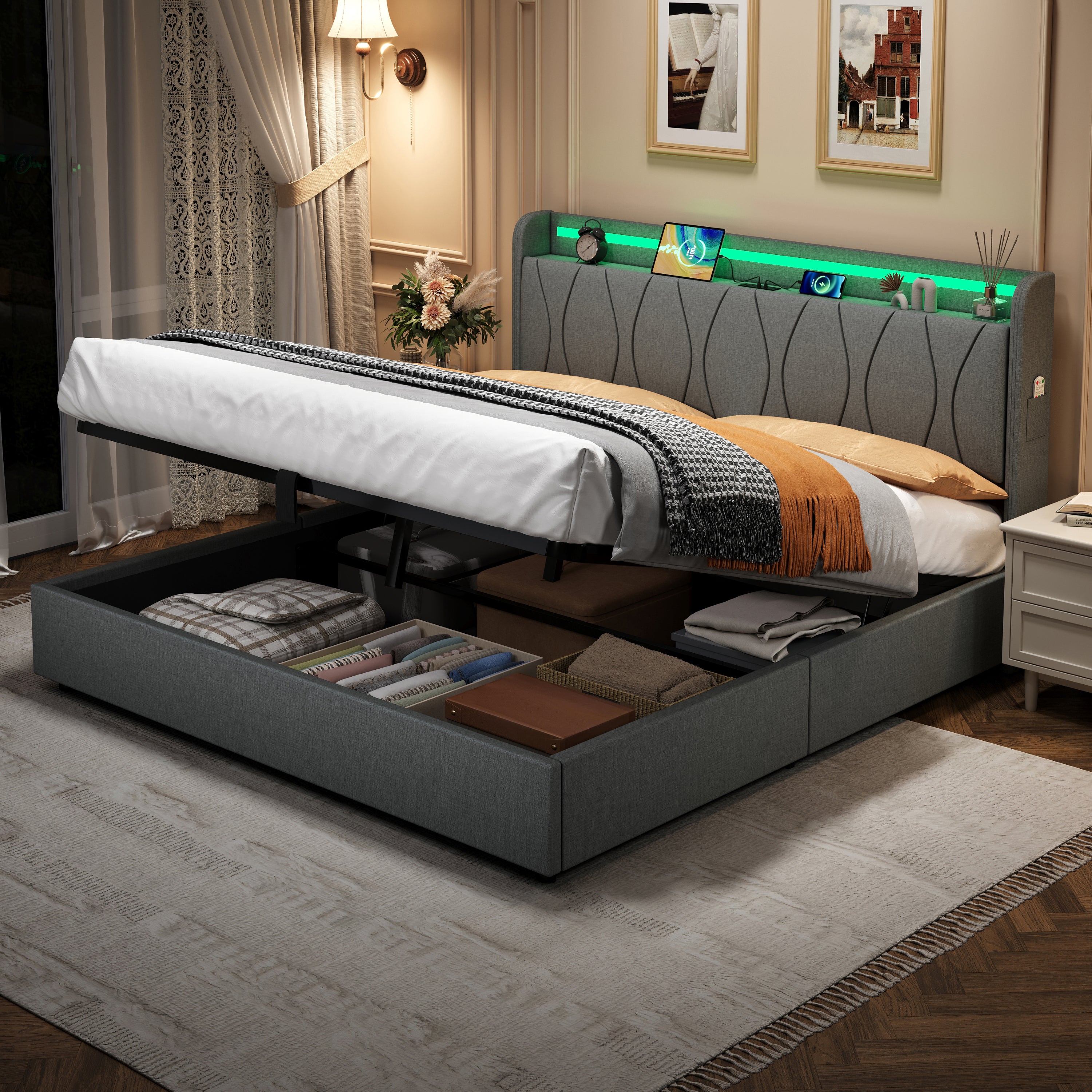 5ft King Upholstered Bed Frame with Hydraulic Storage, LED Headboard with Charging Station and Concealed Headboard Storage, USB and Type - C Ports, Linen, No Box Spring Needed, Grey (No Mattress)