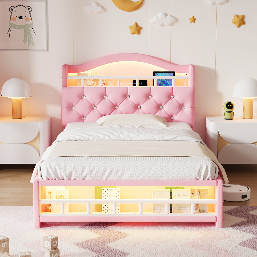 3ft Single Upholstered Velvet Bed Frame, LED Bed Frame with Charging Station & Diamond Tufted Headboard, Concealed Headboard Storage with USB and Type - C Ports, Easy Assembly, Pink (No Mattress)