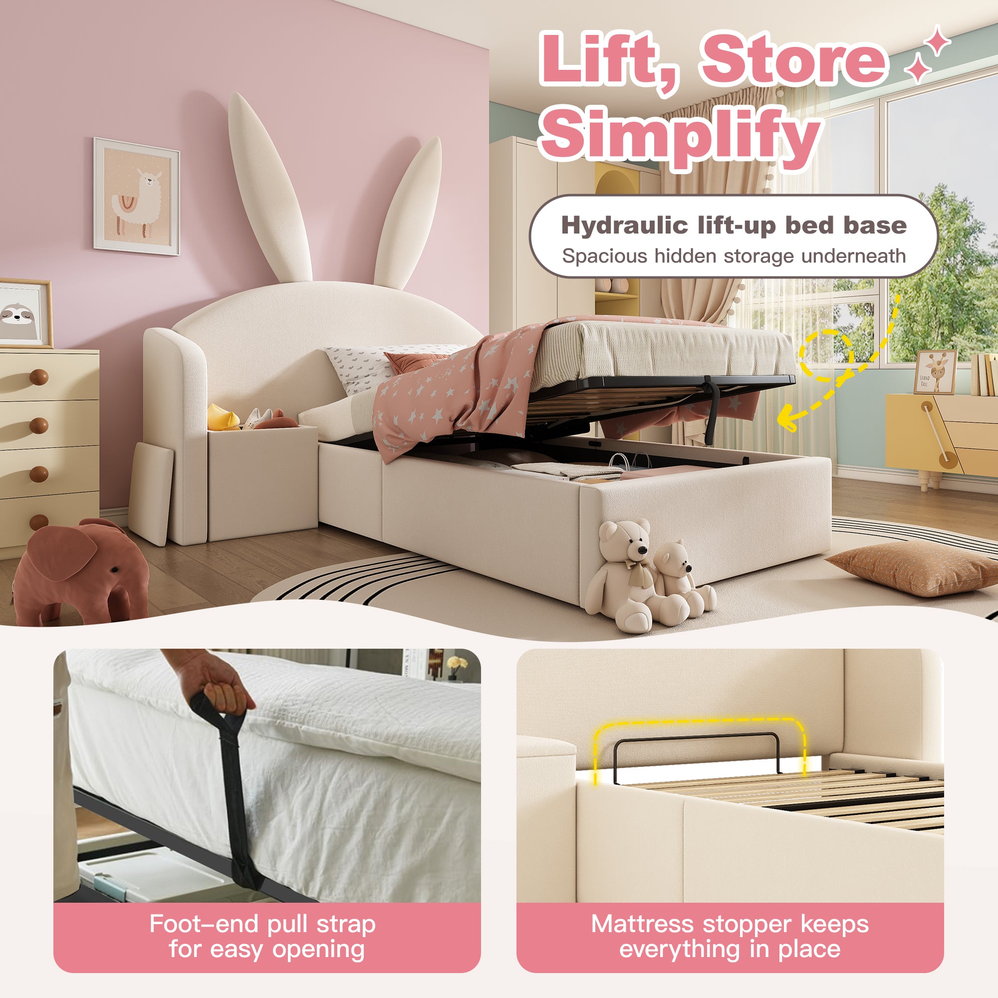 Bunny Ears Kids Bed, Single Upholstered Bed with Hydraulic Storage & Nightstand, Children Bed Frame for Girls Bedroom, 90 x 190 cm, Beige, No Mattress
