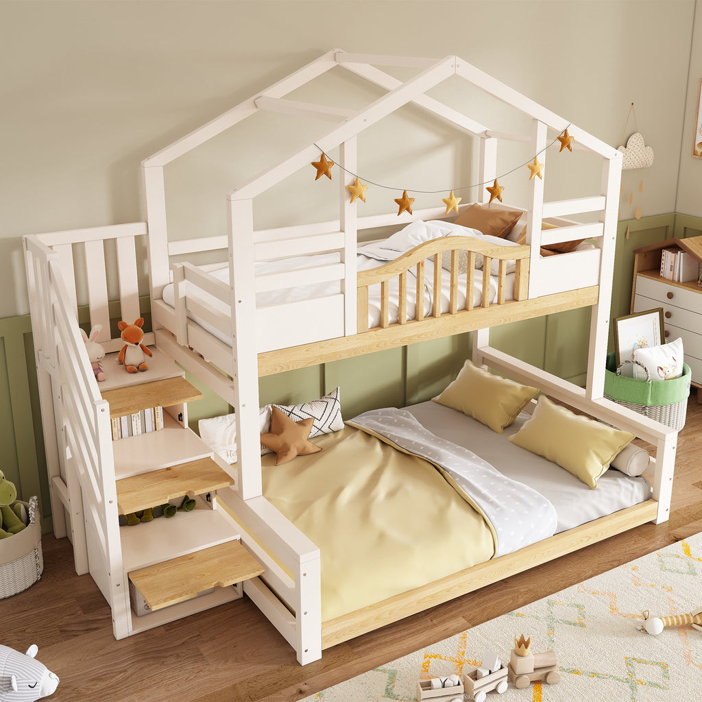 Bunk Beds for Kids, Staircase Bunk with Storage Space, Small House-shaped Children's Bed, Double Bunk Bed for Family with Multiple Children, (90+135) x 190 cm, Solid Wood, White & Natural