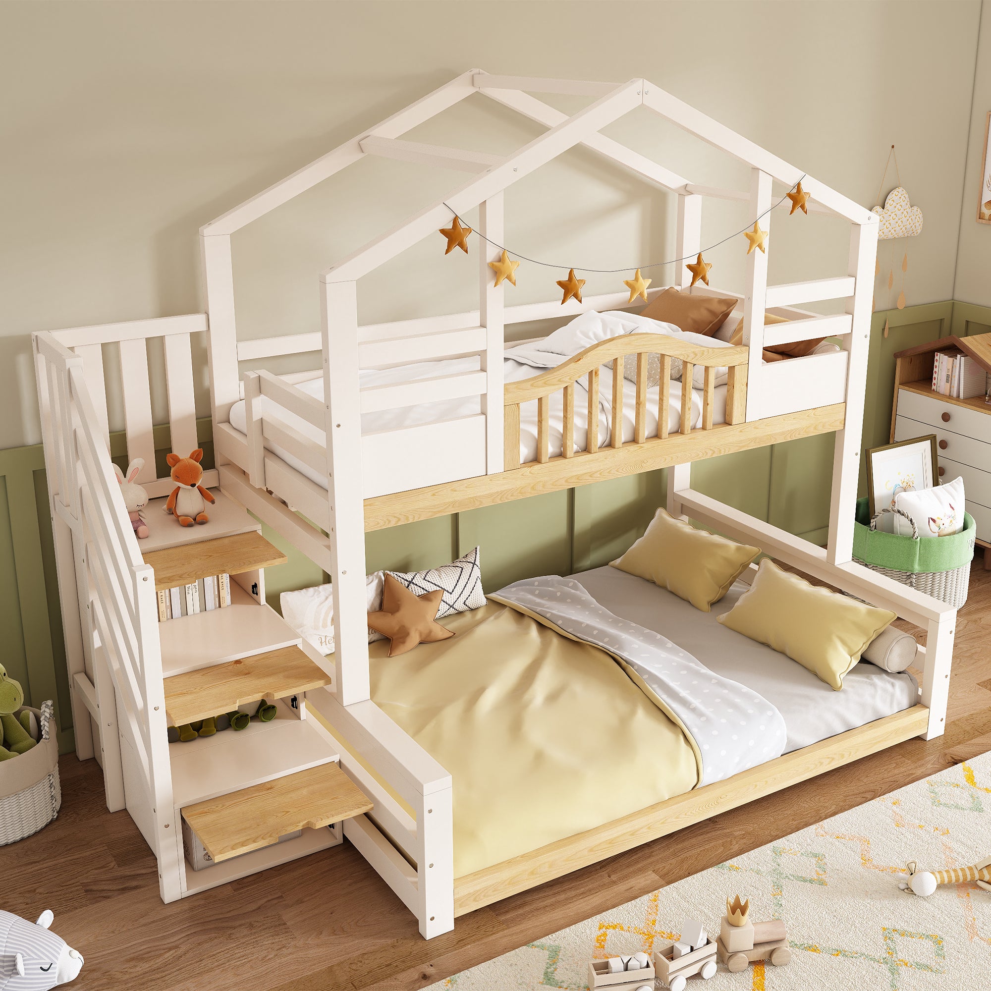 Bunk Beds for Kids, Staircase Bunk with Storage Space, Small House-shaped Children's Bed, Double Bunk Bed for Family with Multiple Children, (90+135) x 190 cm, Solid Wood, White & Natural