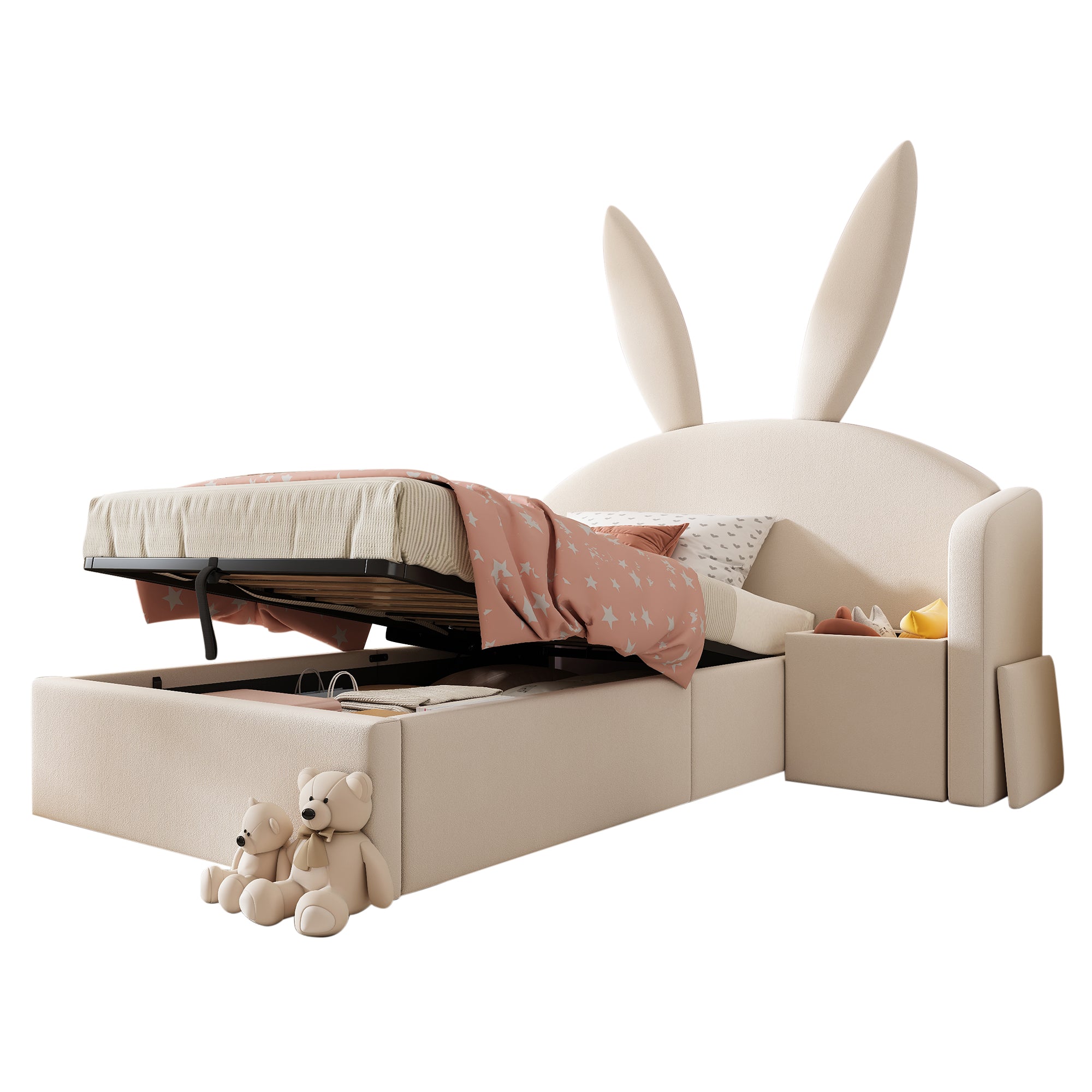Bunny Ears Kids Bed, Single Upholstered Bed with Hydraulic Storage & Nightstand, Children Bed Frame for Girls Bedroom, 90 x 190 cm, Beige, No Mattress