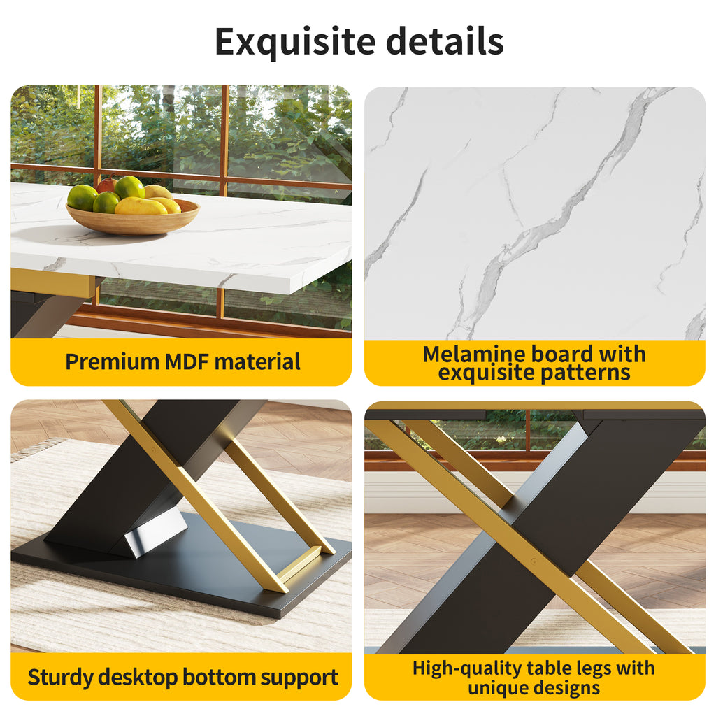 Extendable dining table (120–160 × 80 cm), kitchen/living room table, extendable table, extendable to 160 cm with the aid of an internal insert panel, dining table with golden cross legs