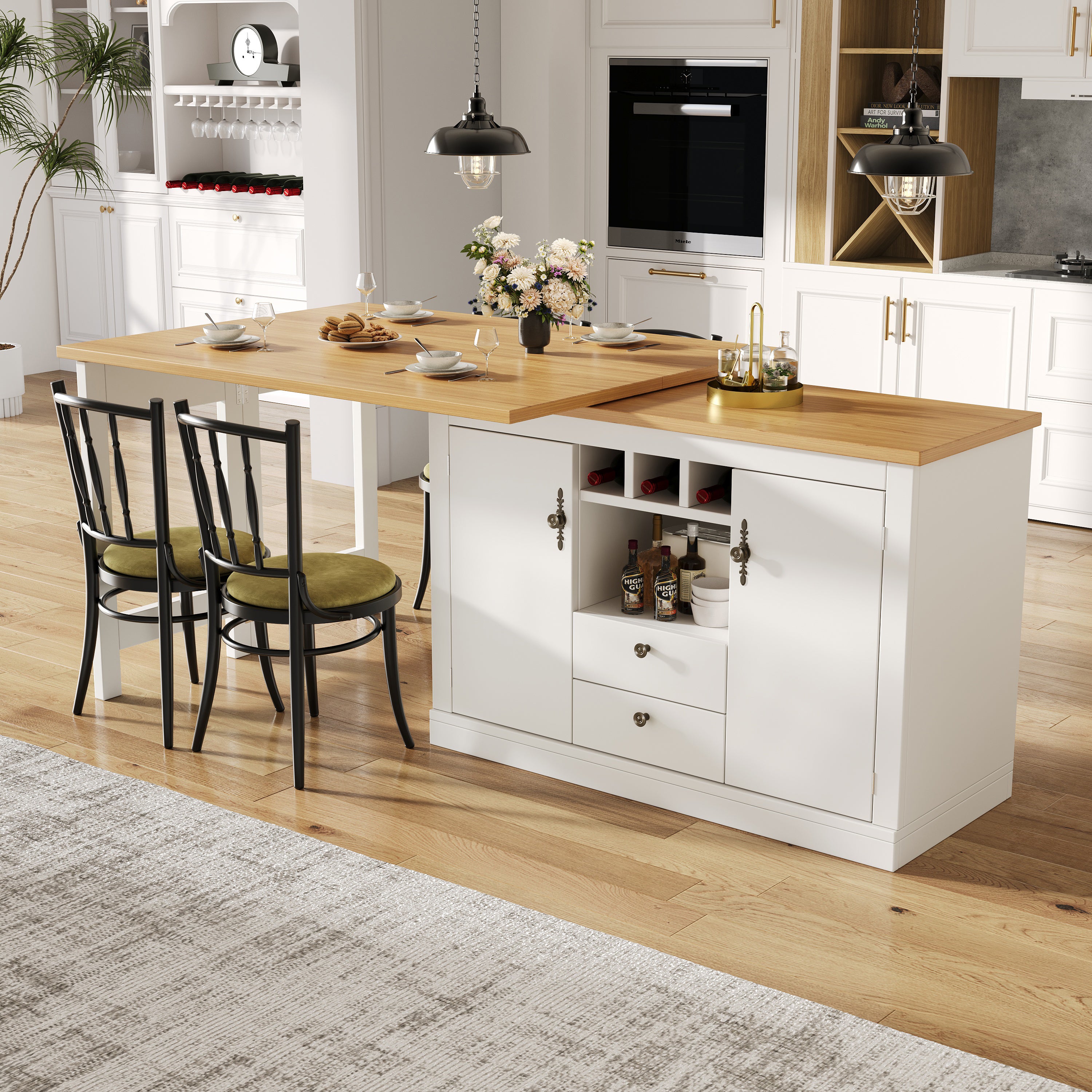 High-quality extendable bar table with 360° swivel function and storage space, adjustable length from 120-180 cm, living room, dining room, home office, black extendable designer bar table, white