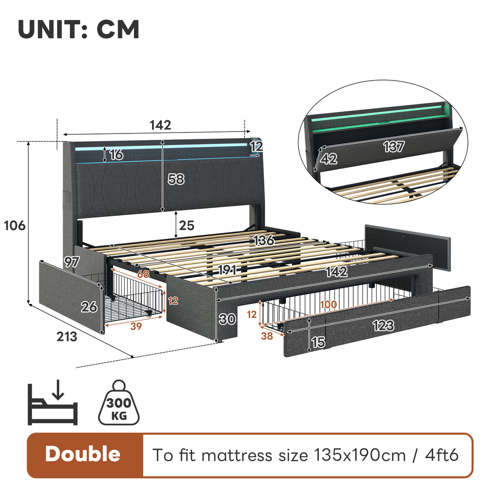 4ft6 Double Upholstered Bed with Three Storage Drawers, LED Headboard with Charging Station and Concealed Headboard Storage,USB and Type - C Ports, Linen, No Box Spring Needed, Grey (No Mattress)