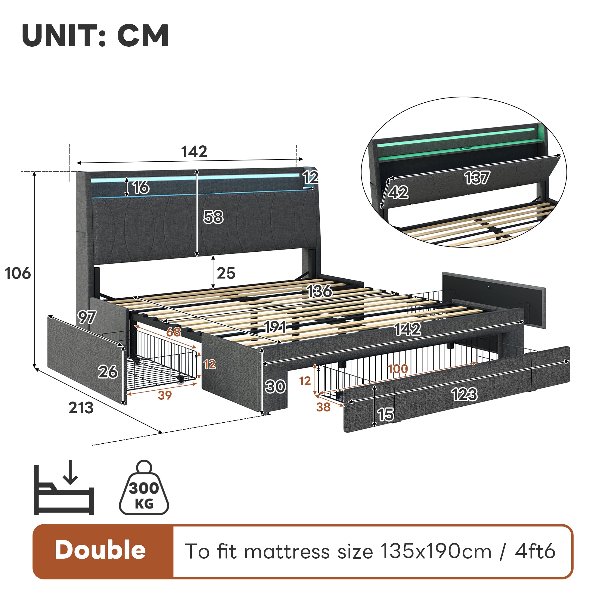 4ft6 Double Upholstered Bed with Three Storage Drawers, LED Headboard with Charging Station and Concealed Headboard Storage,USB and Type - C Ports, Linen, No Box Spring Needed, Grey (No Mattress)