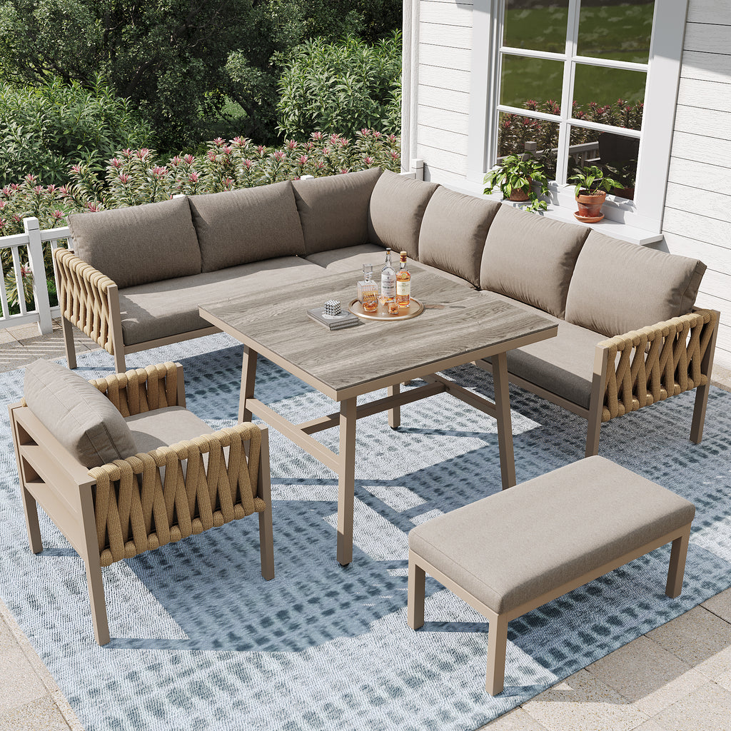 Garden furniture set, rope-weave outdoor sofa set with galvanized steel frame, adjustable legs, L-shaped sofa, tempered glass table top, includes all seat and back cushions, beige