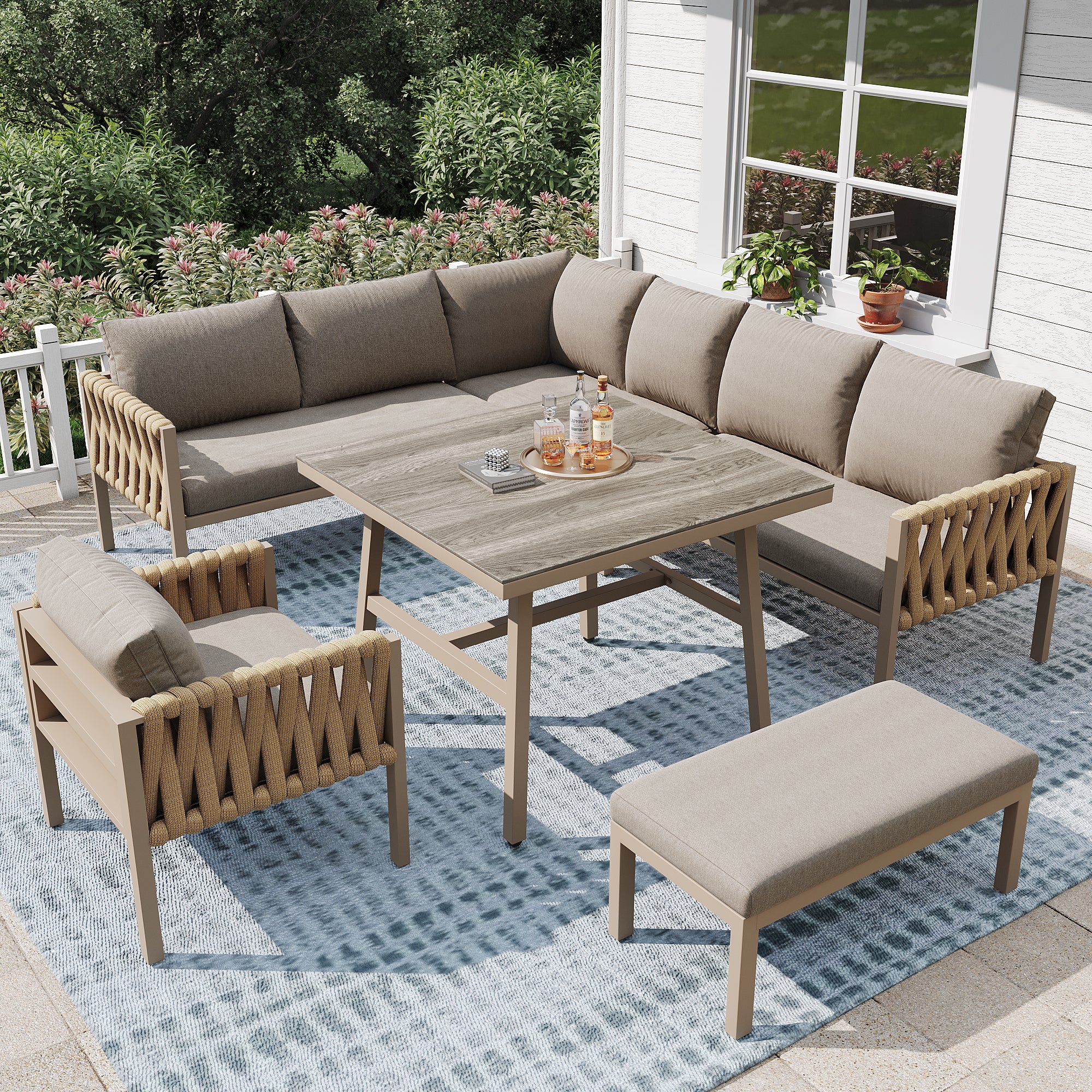 Garden furniture set, rope-weave outdoor sofa set with galvanized steel frame, adjustable legs, L-shaped sofa, tempered glass table top, includes all seat and back cushions, beige