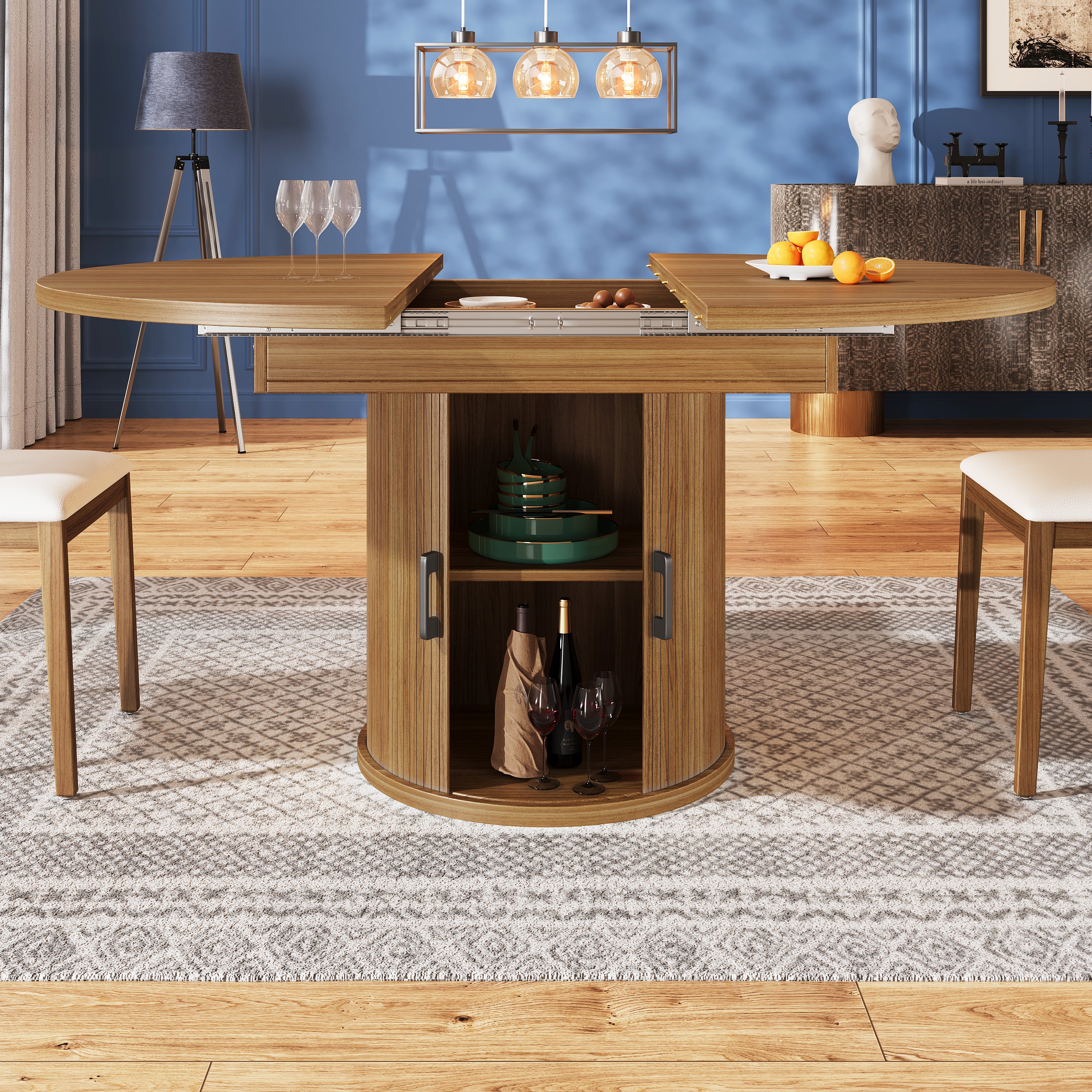 Extendable dining table, dining room table, kitchen table, balcony table, extendable table top Round dining table, extends to oval, 118–158 cm, seats up to 6 people, walnut/black