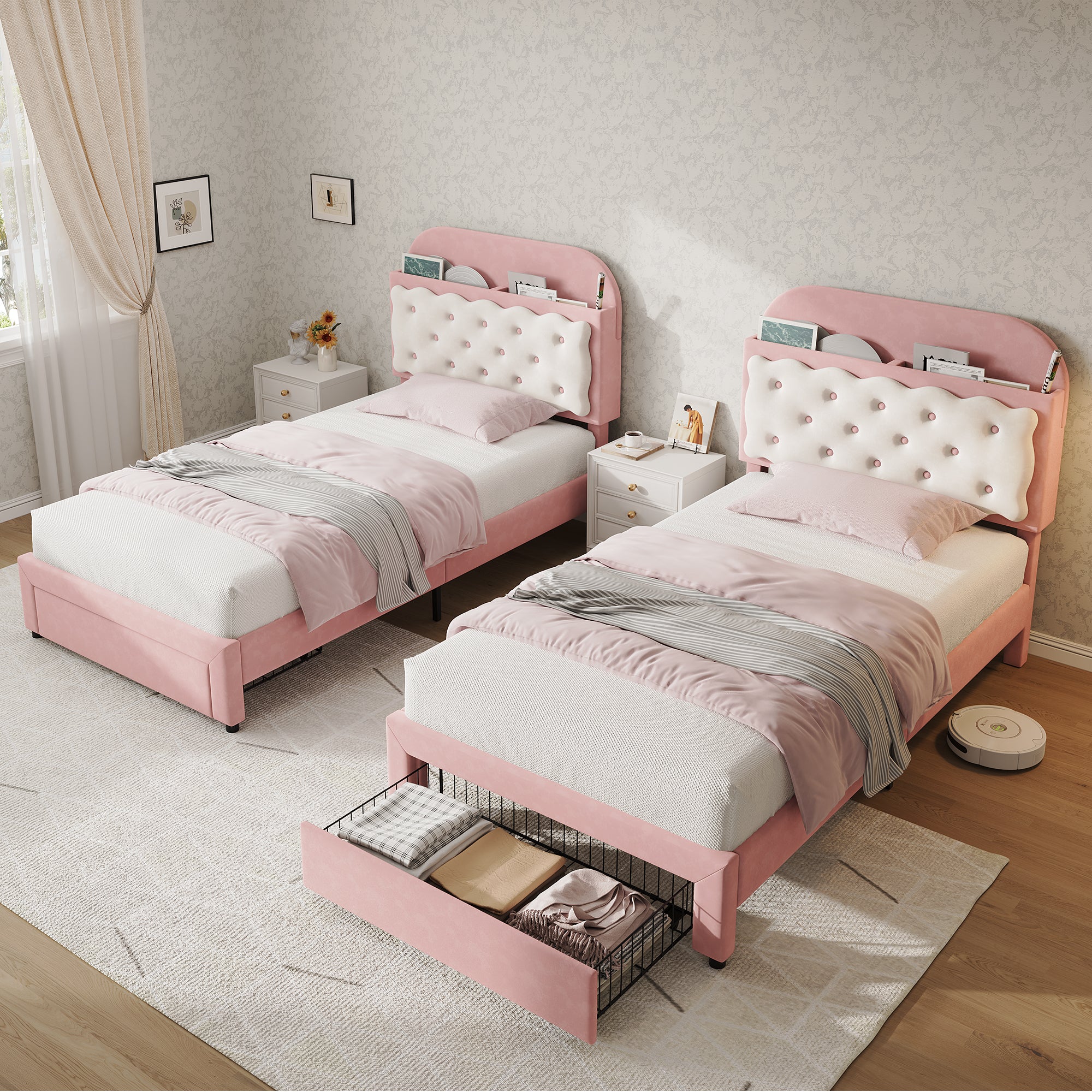 3ft Single Velvet Upholstered Bed Frame, Adjustable Cookie Shaped Storage Headboard with Storage Drawer at Bed End, No Box Spring Needed, Easy Assembly, Pink+ Cream White (No Mattress)