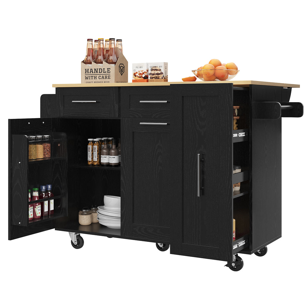 Modern kitchen island, kitchen cabinet, buffet cabinet, dining cart with wood grain, dining table with storage space, dining cart with snack shelves and stretch function cabinets, black