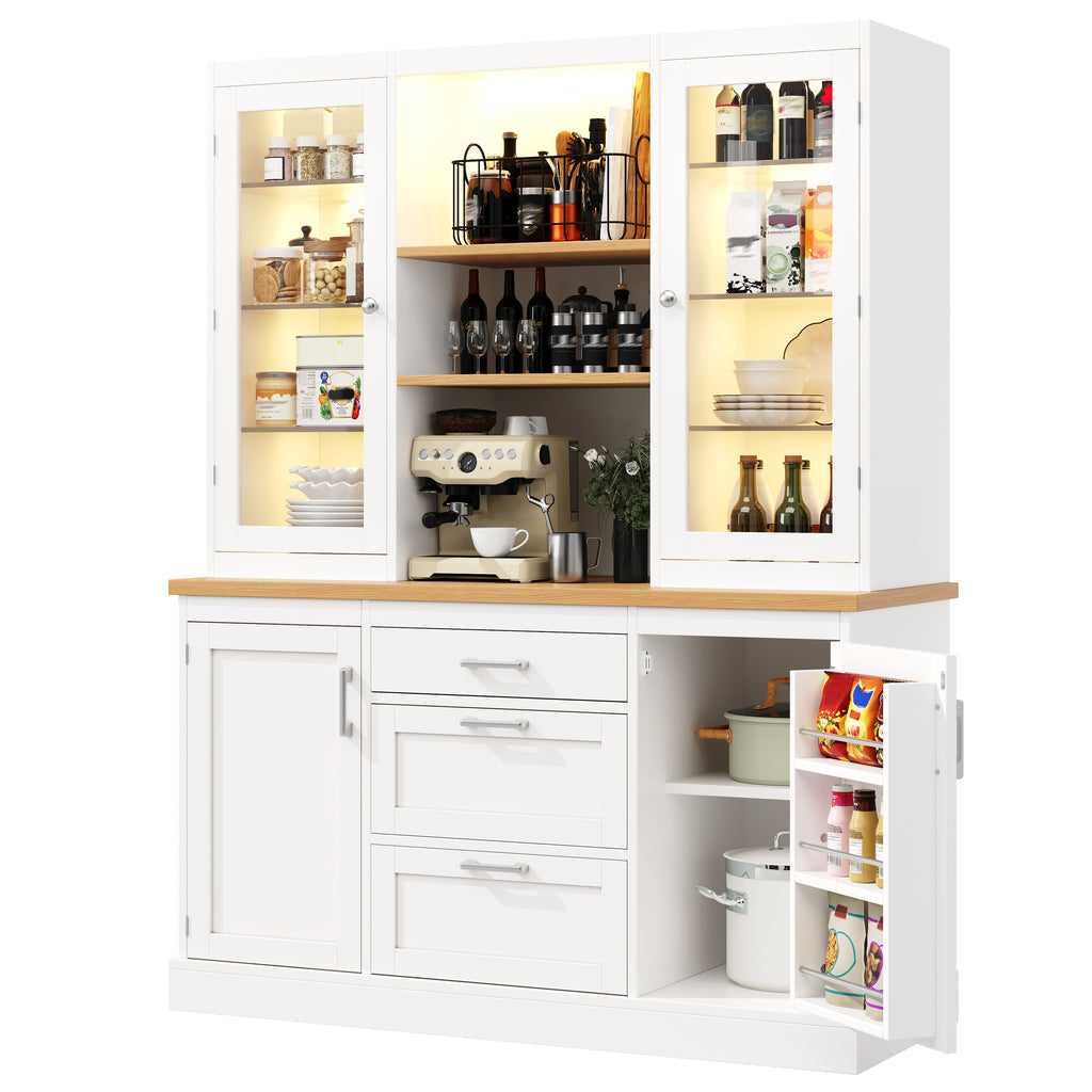 Kitchen Pantry Cabinet with App-Controlled LED Lights, 185cm Tall Storage Cabinet with Glass Doors, Drawers & Worktop, White
