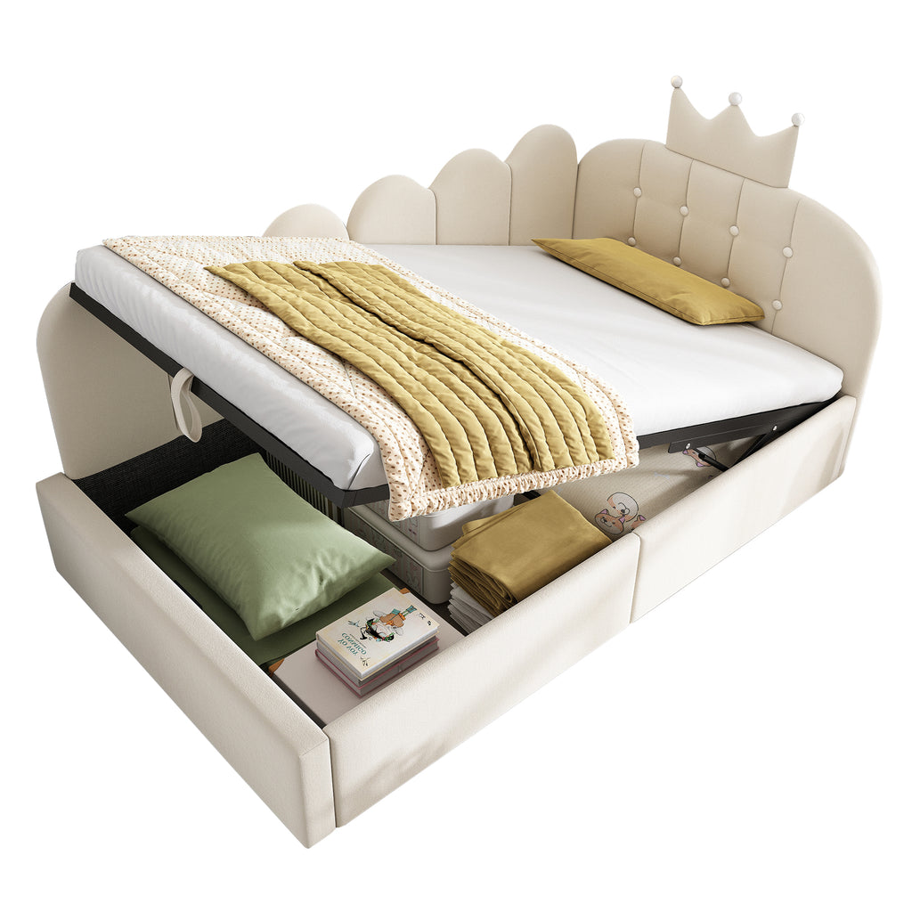 Upholstered Daybed with Hydraulic Storage, 3FT Single Sofa Bed 90 x 190 cm, Crown-shaped Bed Guest Beds for Adults & Children, Velvet, Beige (No Mattress)