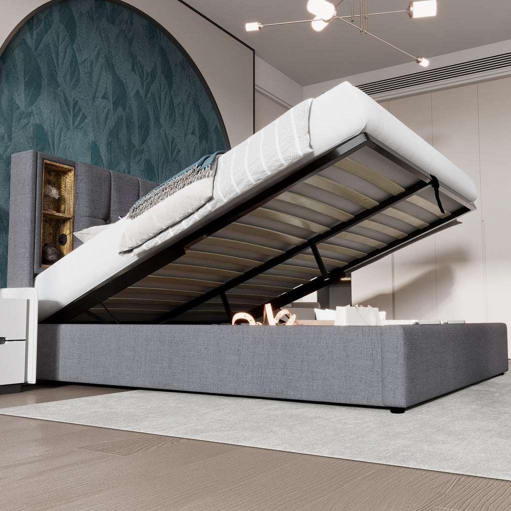 4ft6 Double Bed Frame Upholstered Bed 135 x 190 cm with Wireless Charging (USB Type-C), Hydraulic Bed with Large Storage Space, Linen Fabric, Grey(No Mattress)