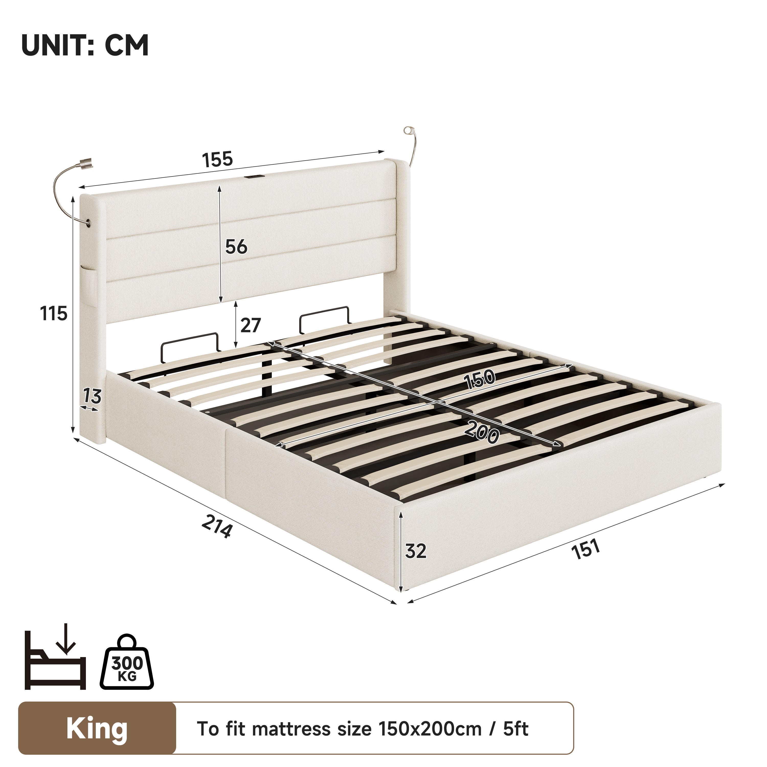 King Upholstered Bed with Charging Station, Linen Hydraulic Storage Bed with Adjustable LED Reading Light, 5ft Double Bed with USB and Type - C Ports, Beige (No Mattress)