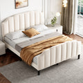 4ft6 Double Upholstered Bed Frame with Adjustable Chic Channel-Tufted Headboard, Velvet Platform Bed Frame with Solid Wood Slat and Mute Foam, No Box Spring Needed, Easy Assembly, Beige (No Mattress)