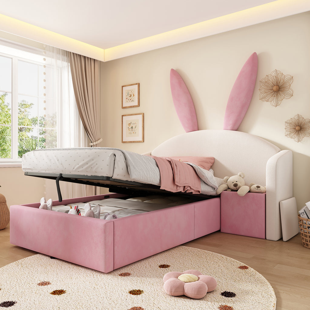 Bunny Ears Kids Bed, Single Upholstered Bed with Hydraulic Storage & Nightstand, Children Bed Frame for Girls Bedroom, 90 x 190 cm, Beige & Pink, No Mattress