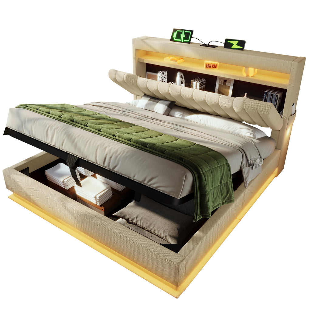 Upholstered Bed 135 x 190 cm with LED Lighting, USB Type-C Charging, Storage Headboard for Cellphones and Tablets, 4ft6 Hydraulic Storage Bed with Metal Slatted Frame, Linen, Beige (No Mattress)