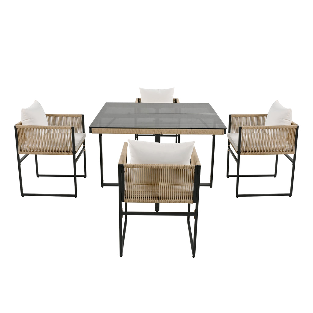 Garden Dining Set 5 Piece Set with 1 Dining Table, 4 Stackable Chairs (Garden Furniture Set, 5-pc, Seating Group), Fine Rope, Iron, Table Top Made of 5mm Thick Safety Glass