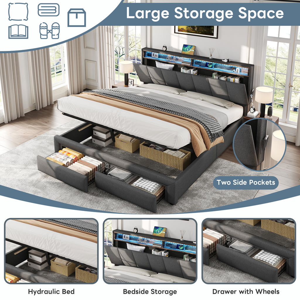 5ft King Upholstered Bed Frame with Hydraulic and Drawers Storage, LED Adjustable Headboard with Charging Station and Concealed Headboard Storage, Linen, No Box Spring Needed, Grey (No Mattress)