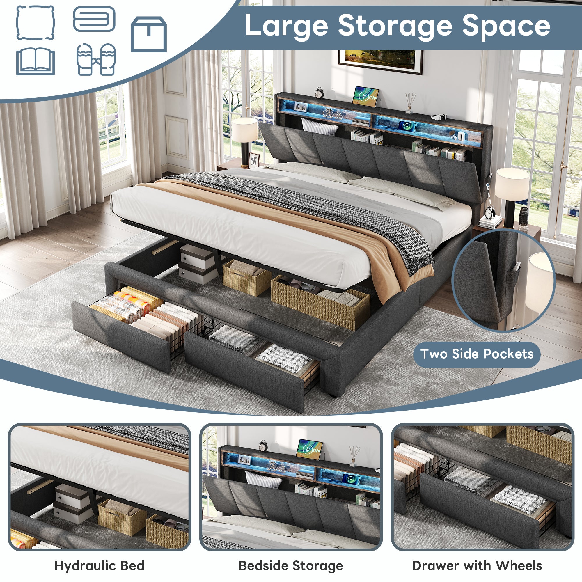5ft King Upholstered Bed Frame with Hydraulic and Drawers Storage, LED Adjustable Headboard with Charging Station and Concealed Headboard Storage, Linen, No Box Spring Needed, Grey (No Mattress)
