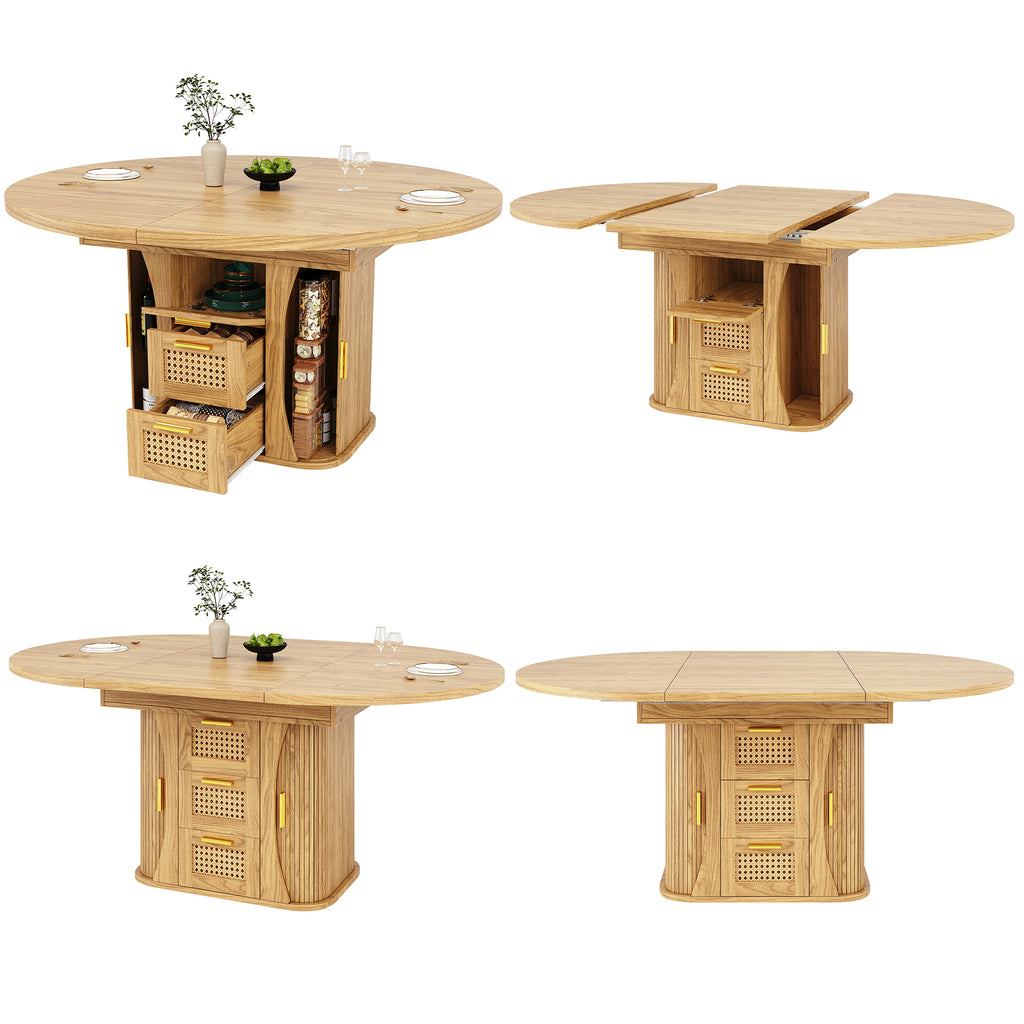 Extendable dining table with storage, 118–158cm table with rattan drawers, MDF wood look, black / natural wood / oak look