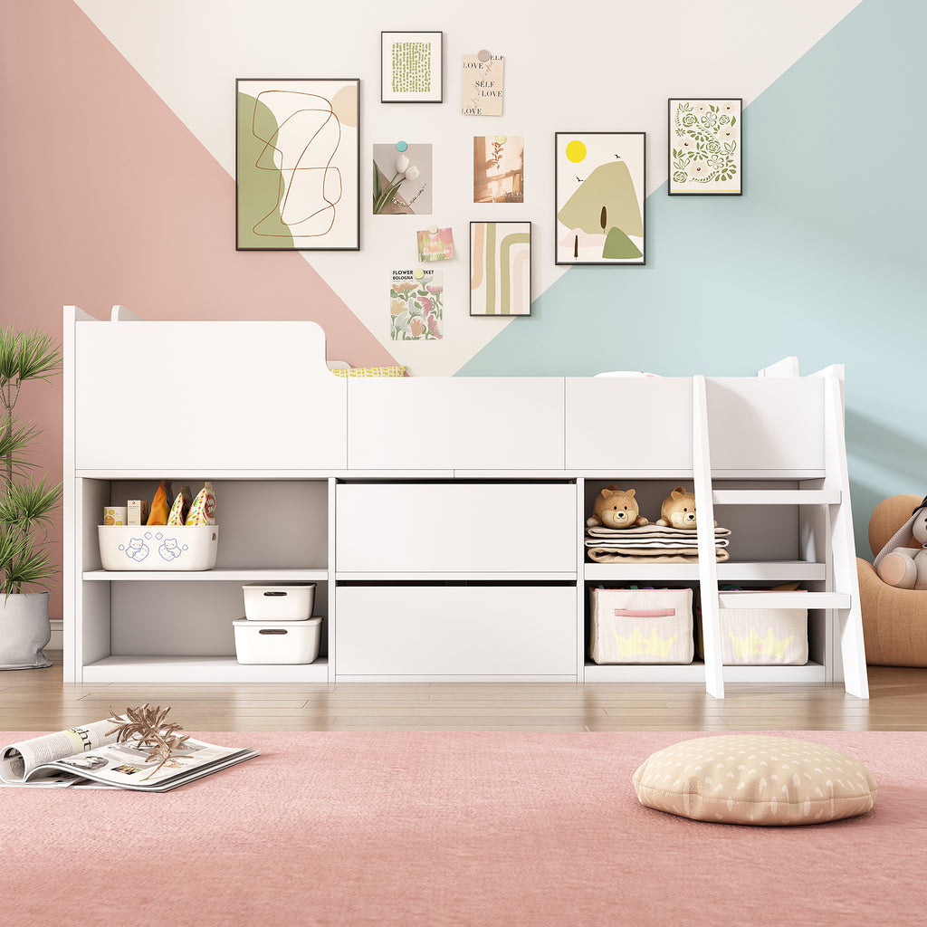 Cabin Bed Mid Sleeper Bed Frame Storage Kids Wooden bed with Drawers Shelf Storage Low Sleeper Bed  3ft Single Children's White Wooden Bed - 3ft Single (90 x 190 cm) Frame Only