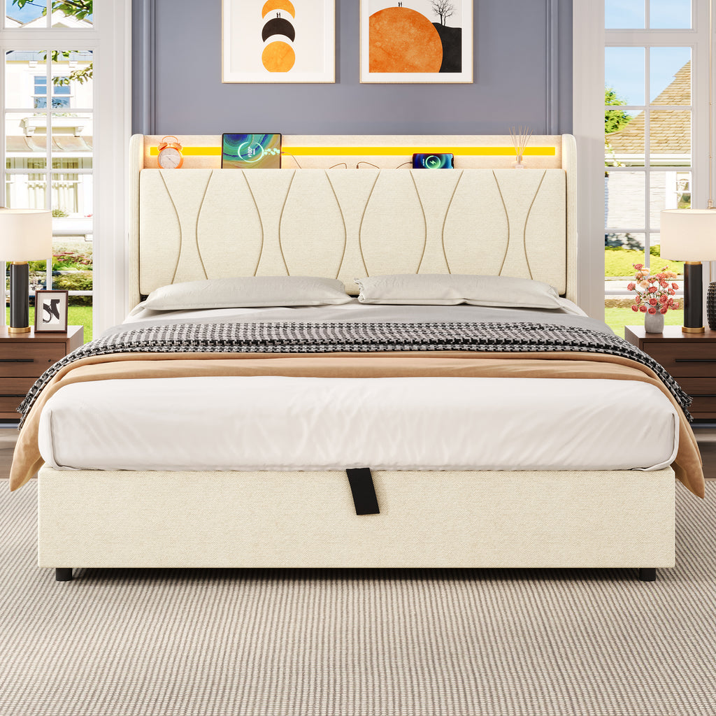 4ft6 Double Upholstered Bed Frame with Hydraulic Storage, LED Headboard with Charging Station and Concealed Headboard Storage, USB and Type - C Ports, Linen, No Box Spring Needed, Beige (No Mattress)