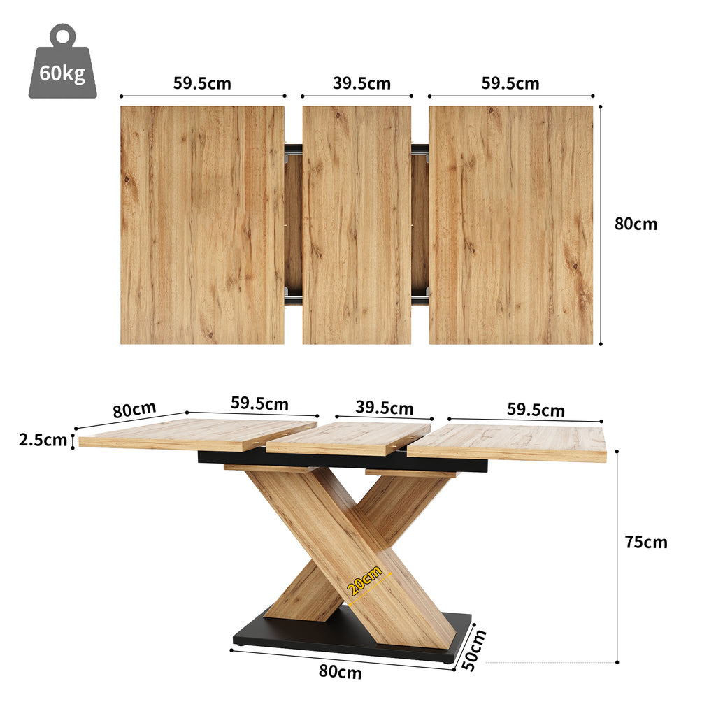 Dining table telescopic table (119-158.5×80 cm), kitchen table, extendable table, extendable to 119-158.5 cm with the help of internal inserts, for kitchen and living room, wood-coloured