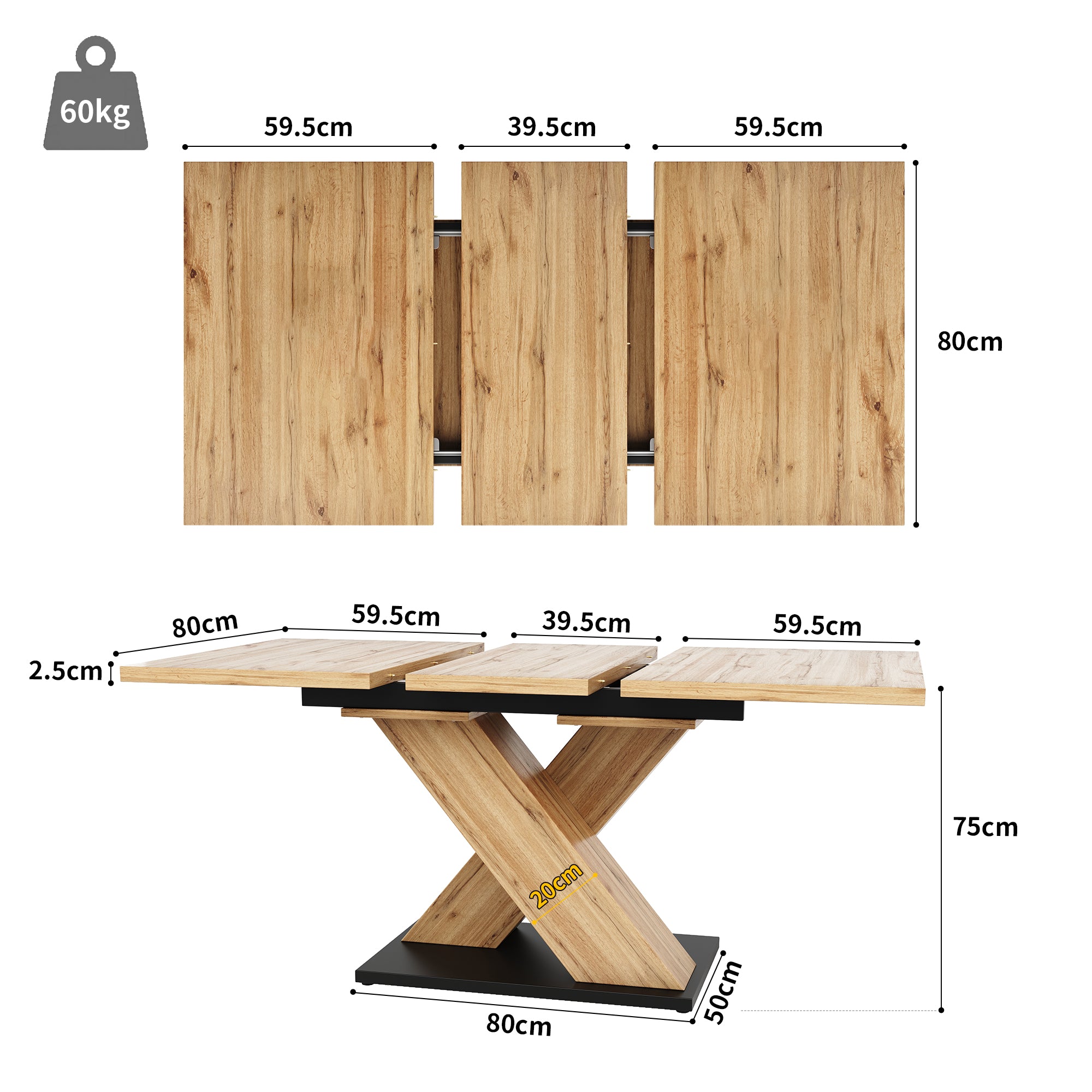 Dining table telescopic table (119-158.5×80 cm), kitchen table, extendable table, extendable to 119-158.5 cm with the help of internal inserts, for kitchen and living room, wood-coloured
