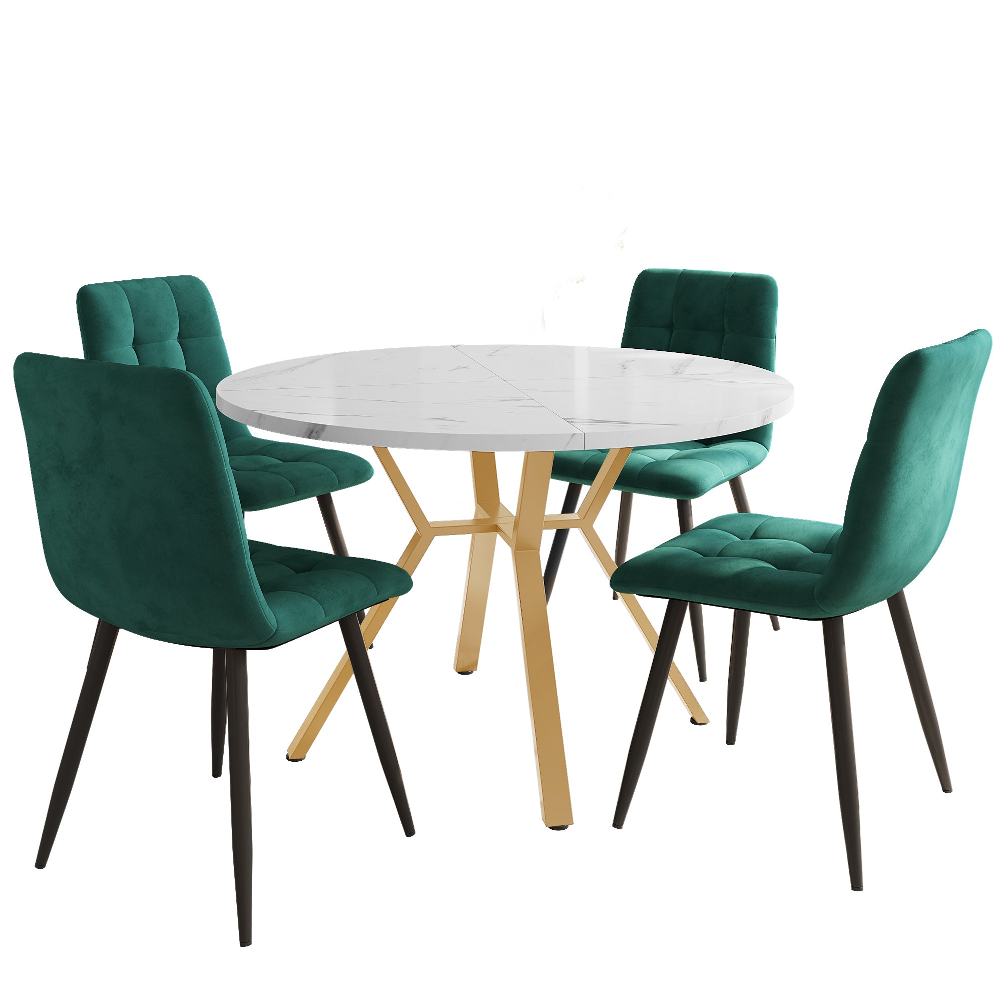 Dining table set, dining table and chair set (5-piece), modern, simple round marble dining table and chair set, gold-coloured metal table legs + 4 ergonomic velvet chairs, green dining chairs