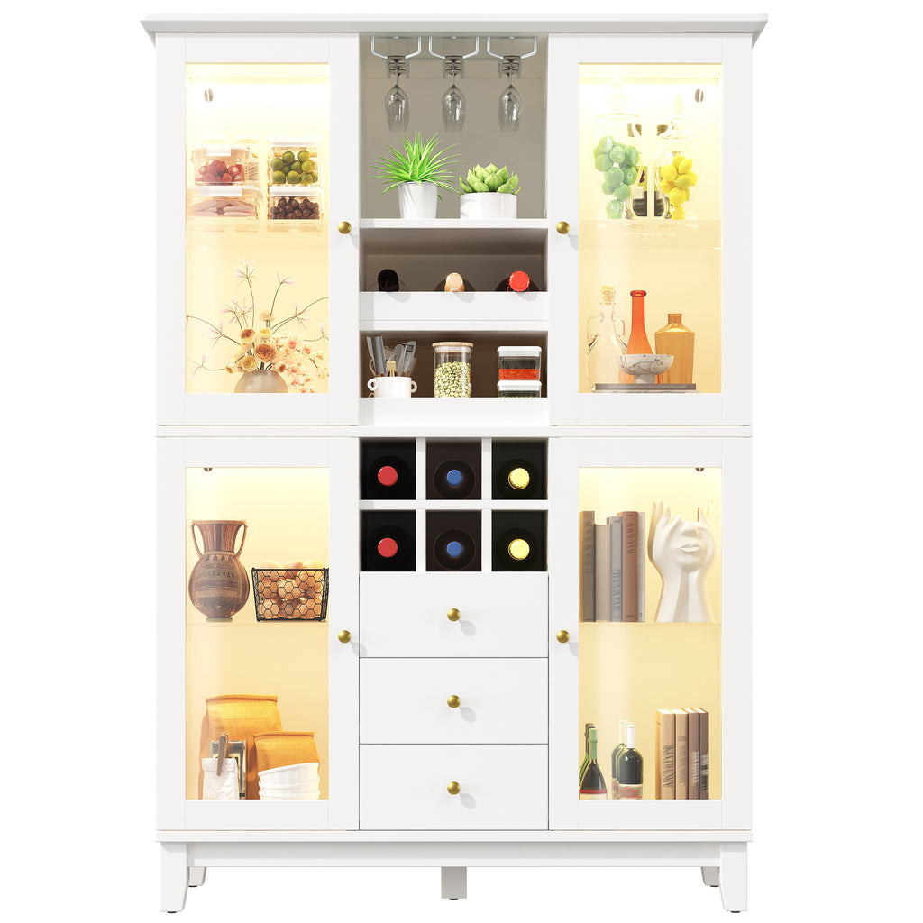 Wine Cabinet with App-Controlled LED Lights, 180.5cm Tall Storage Cabinet with Glass Doors, 3 Drawers, Wine Rack & Glass Holder, White