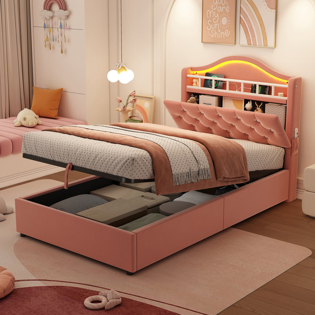 3ft Single Hydraulic Bed in Velvet, LED Bed Frame with Charging Station & Diamond Tufted Headboard, Multi-zone Storage, Solid & Stable Base, Pink (No Mattress)