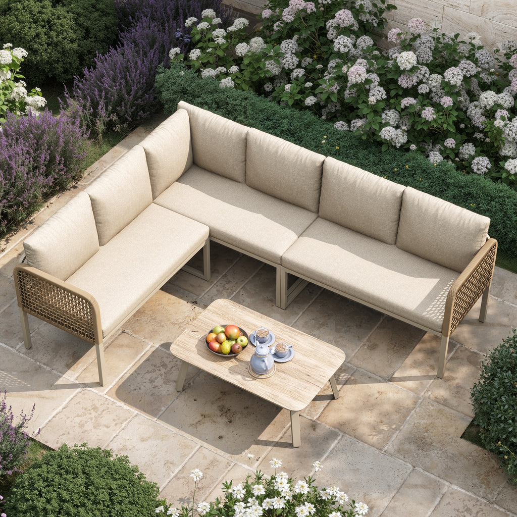 5-6 Seater Garden Furniture Set with Wood-look Tempered Glass Coffee Table, L-Shaped Corner Sofa with Polyester Rope, Weatherproof Outdoor Patio Dining Lounge Set for Balcony and Terrace, Linen, Beige