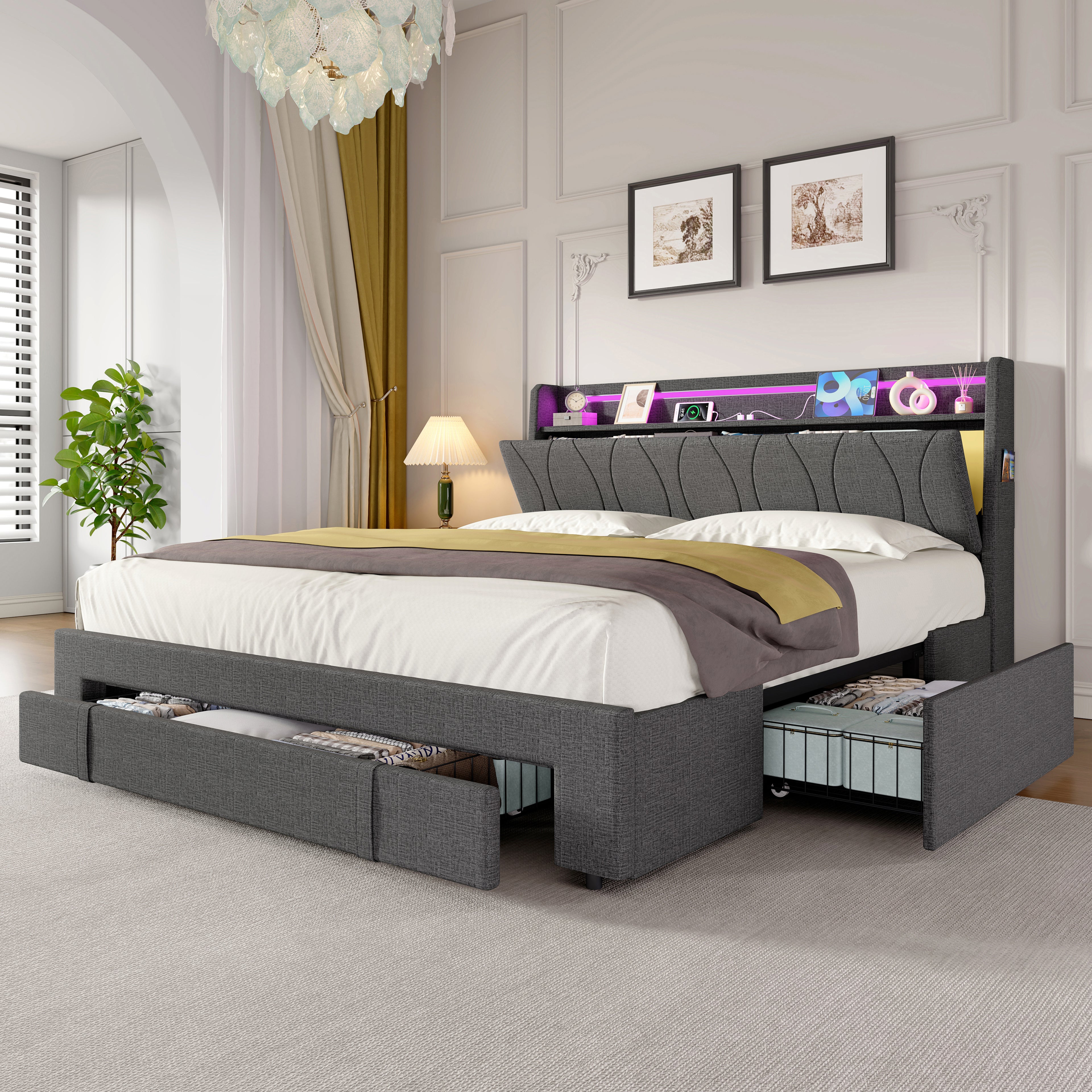 4ft6 Double Upholstered Bed with Three Storage Drawers, LED Headboard with Charging Station and Concealed Headboard Storage,USB and Type - C Ports, Linen, No Box Spring Needed, Grey (No Mattress)