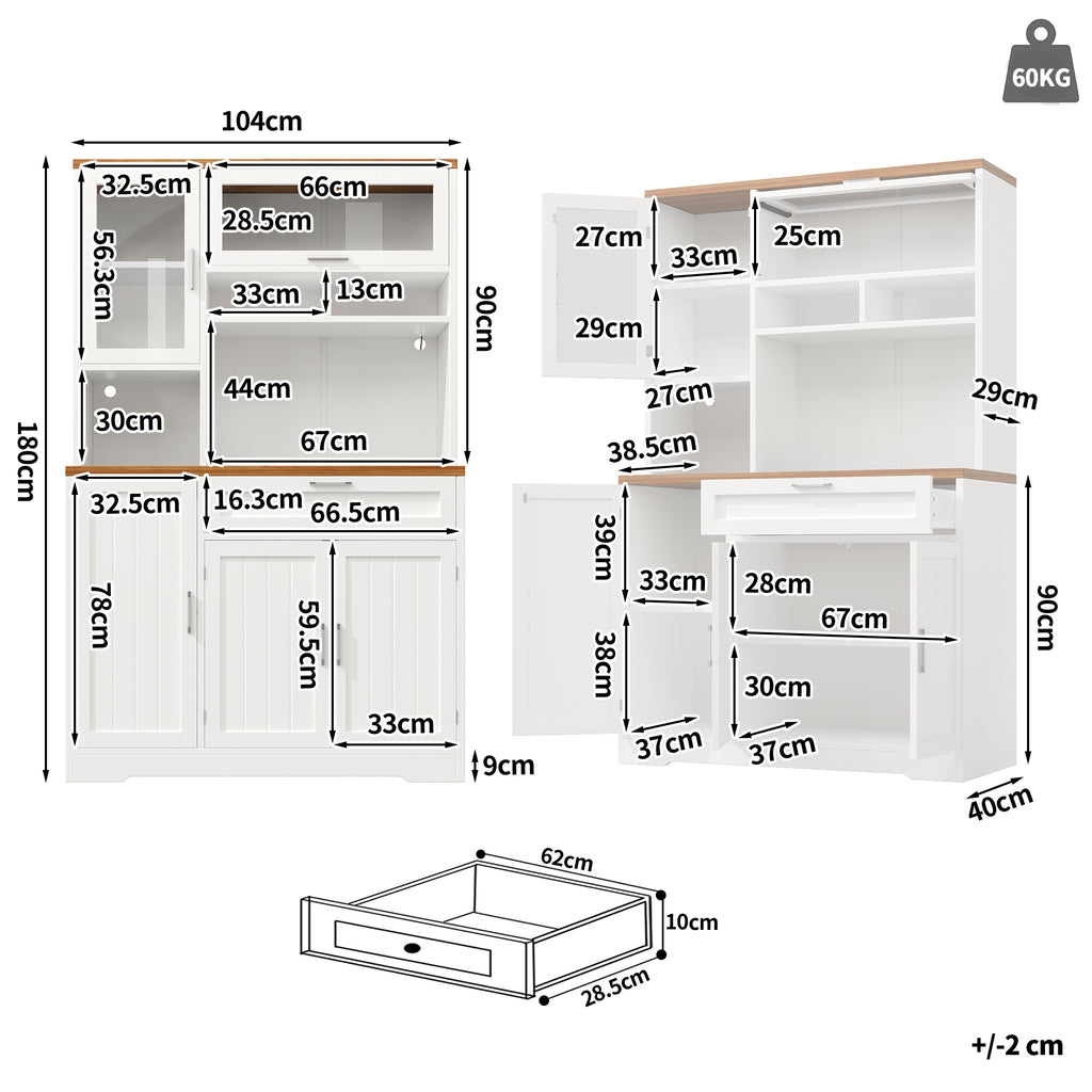 Tall Display Cabinet with LED Lighting - 104x40x180 cm Kitchen & Living Room Storage, White/Black