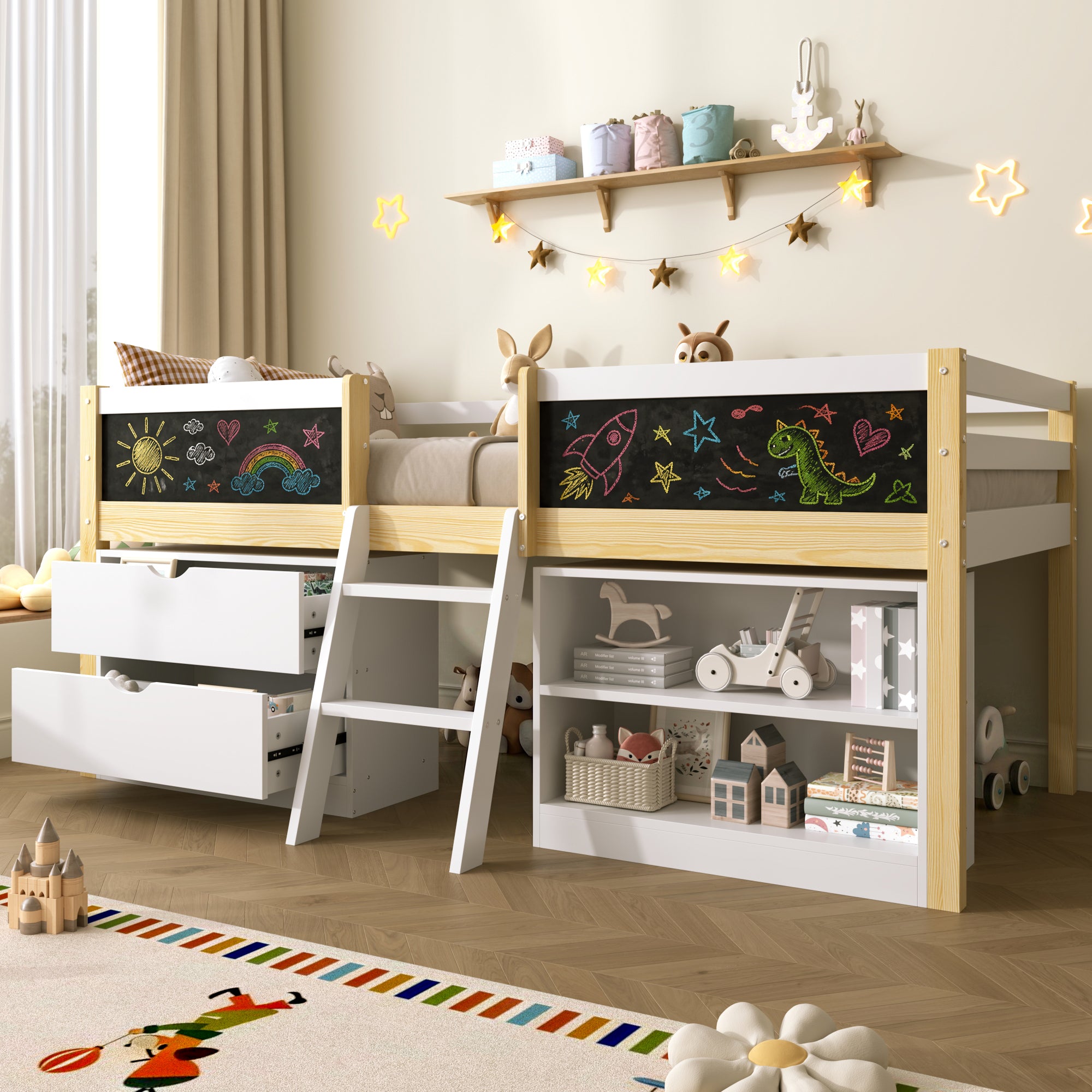 3ft Single Low Loft Bed with Blackboard, Modern Wood Bed Frame with Drawers and Storage Shelves, Under-bed Space, Modern Bed with Safety Guardrail, Saving-space Design, White (No Mattress)